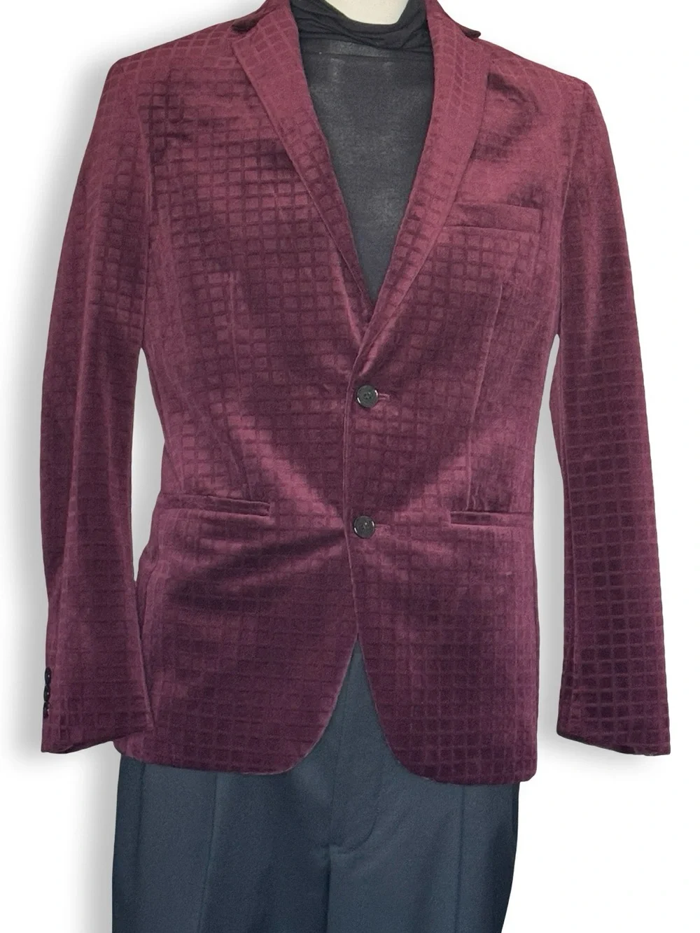 Vintage Y2K Alfani Burgundy Textured Velvet Blazer Sport Coat Hollywood Costume